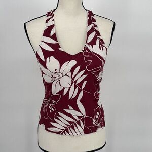 Cherokee Red Floral Hawaiian Halter Tie Tankini Top Swimsuit Built in Bra Size 8